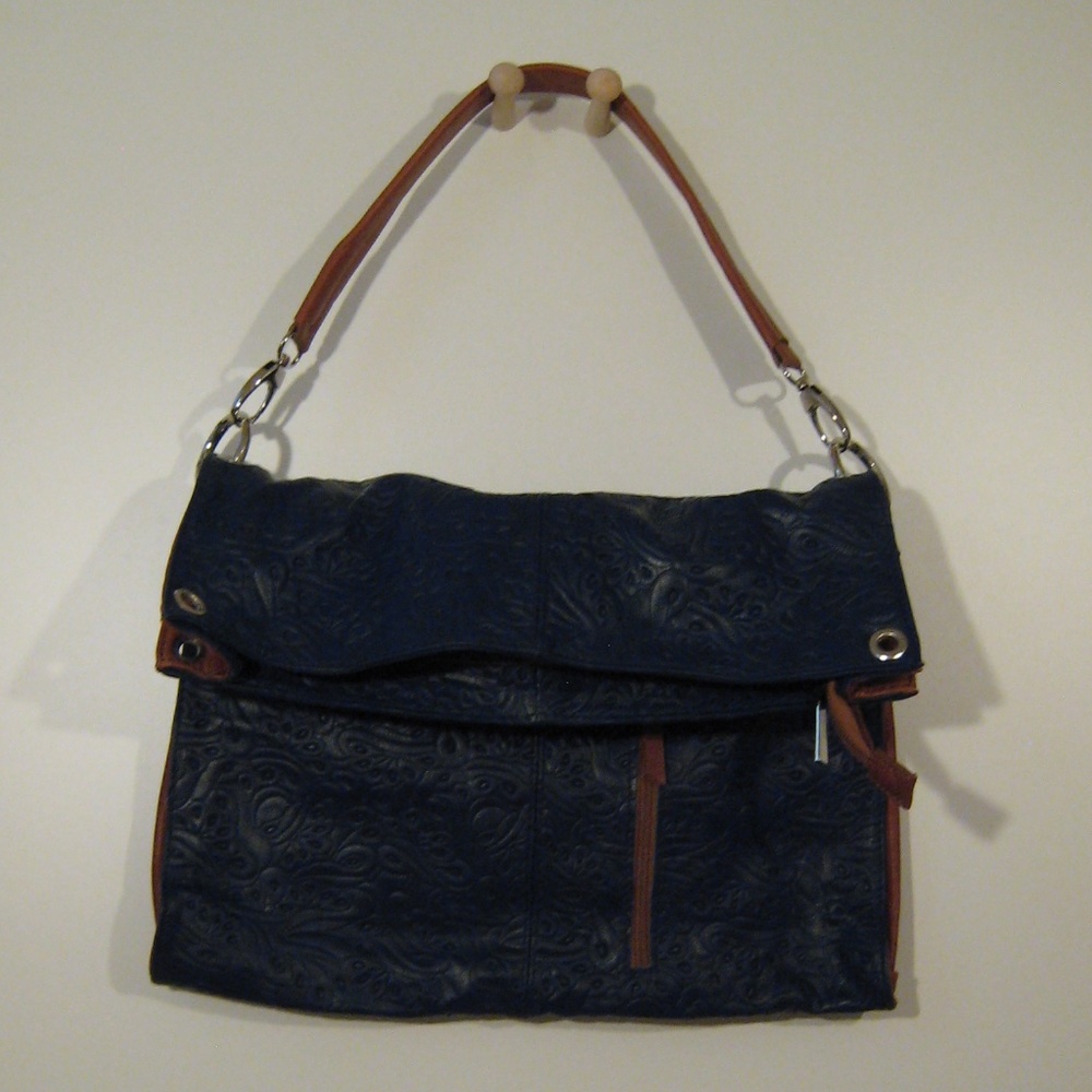 Navy & Saddle Embossed Leather 2-Way Bag/2 Straps